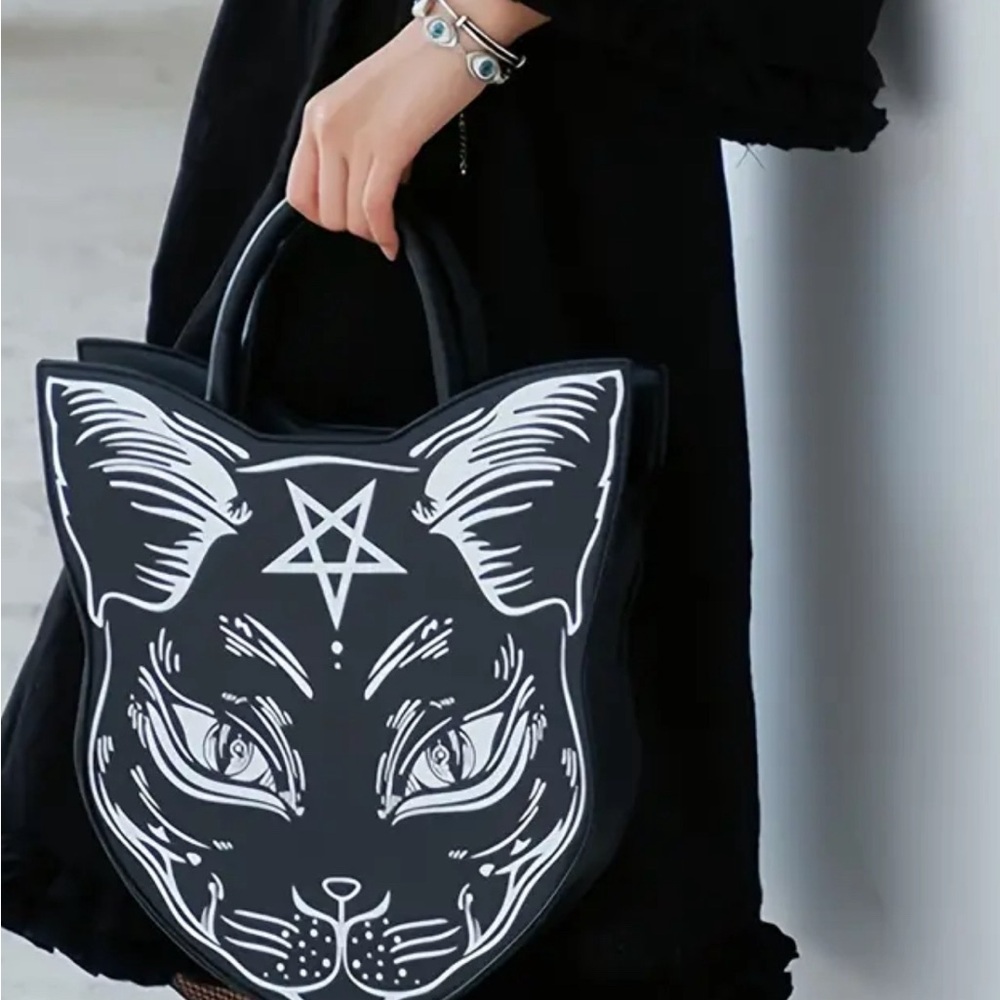 Casual Feline Gothic Purse/ Handbag- Cat Head Shaped Design, Punk Style - Picture 4 of 11